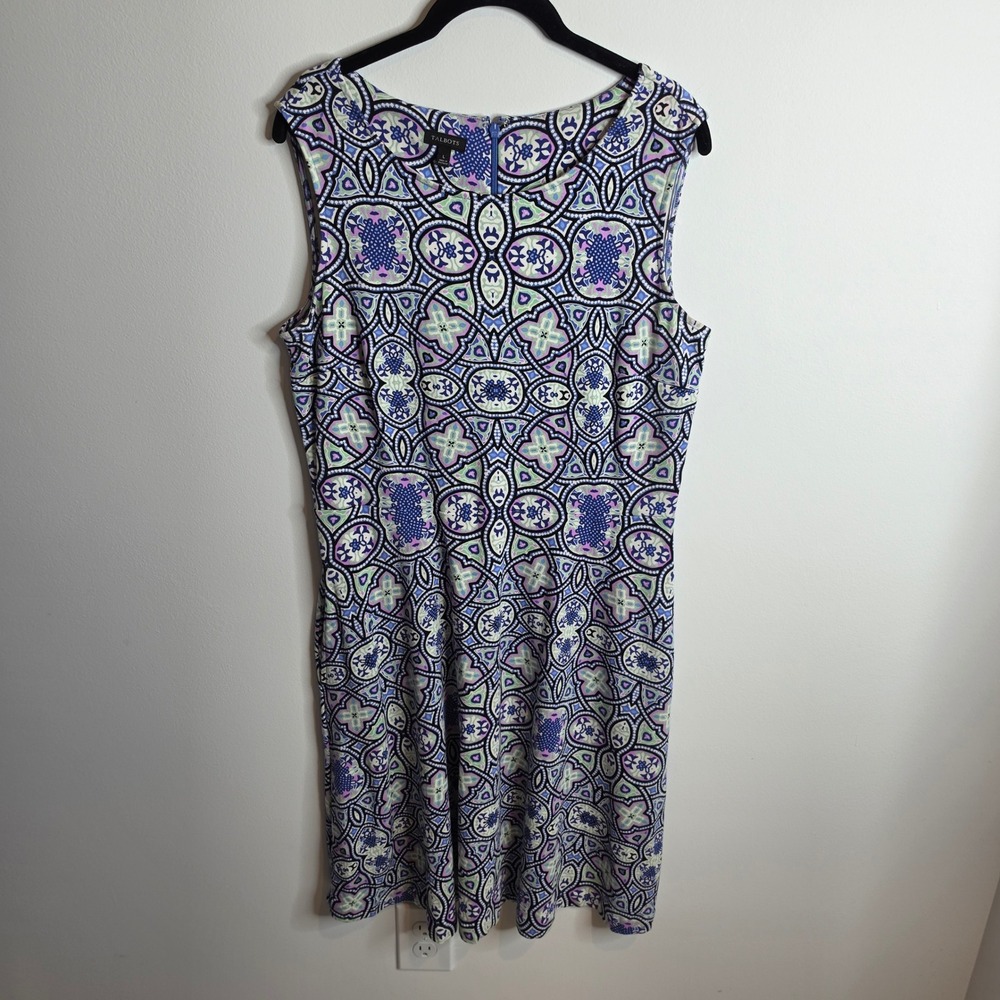 Talbots Shift Dress Women Large Blue Geometric Medallion Sleeveless Pocket